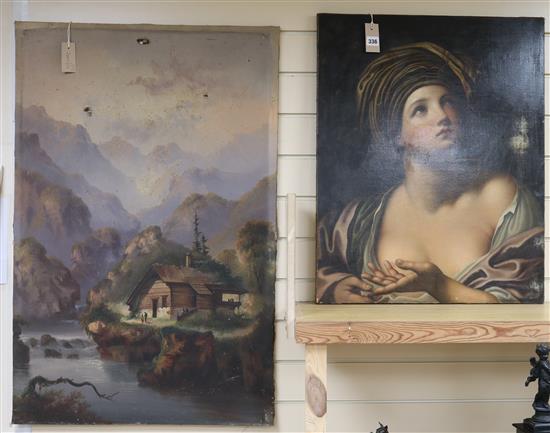 19th century Continental School, on on canvas, portrait of a turbanned youth, 69 x 55cm, and a Swiss alpine 96 x 63cm, both unframed